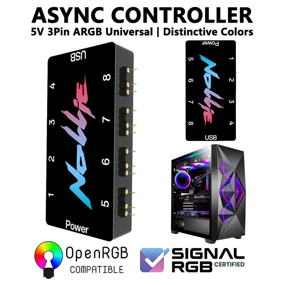 MZX Contrôleur ARGB asynchrone 5 V 3 broches pour bande lumineuse, hub et câble, compatible SignalRGB et OpenRGB, universel pour PC, ventilateur de refroidissement et accessoires