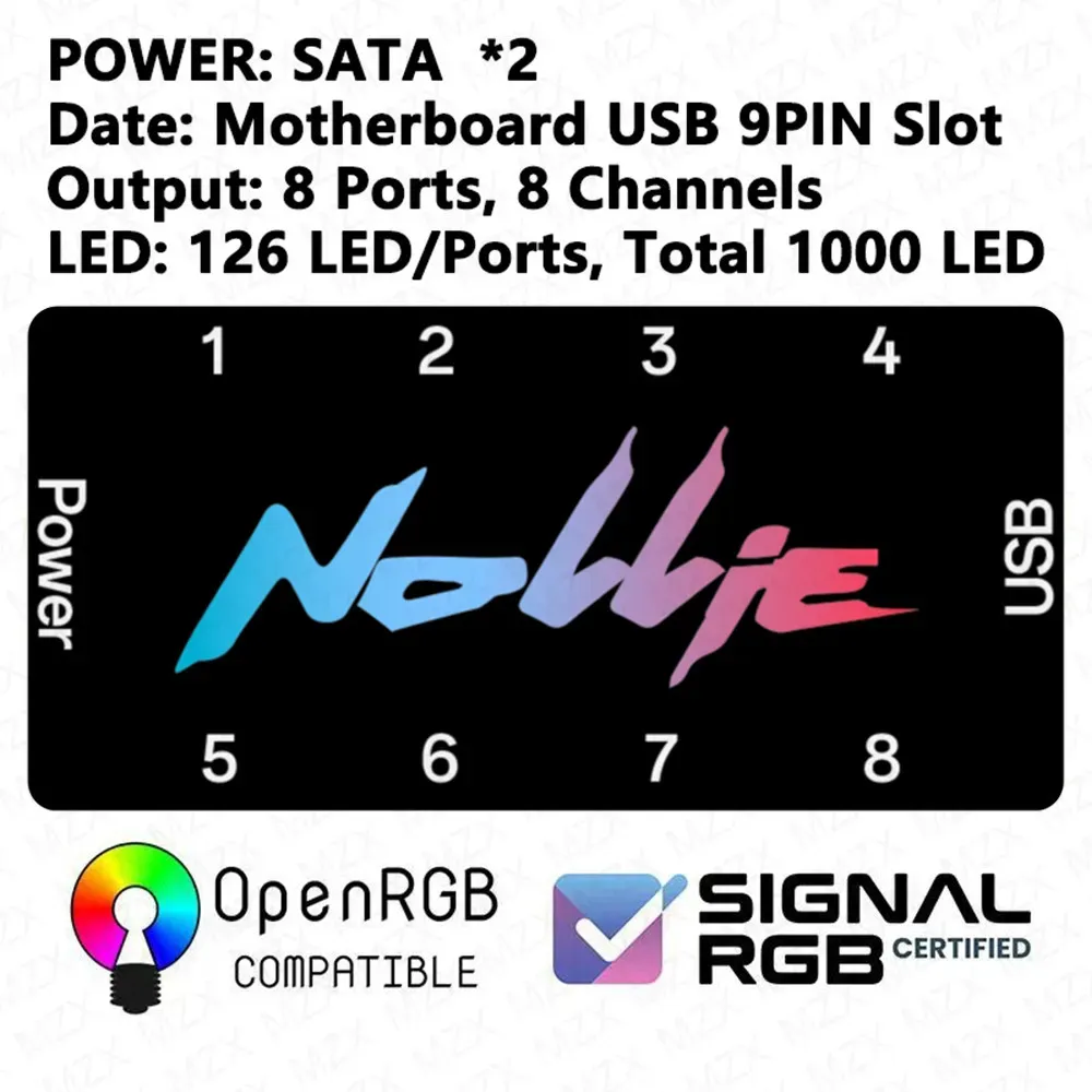 MZX Contrôleur ARGB asynchrone 5 V 3 broches pour bande lumineuse, hub et câble, compatible SignalRGB et OpenRGB, universel pour PC, ventilateur de refroidissement et accessoires 7