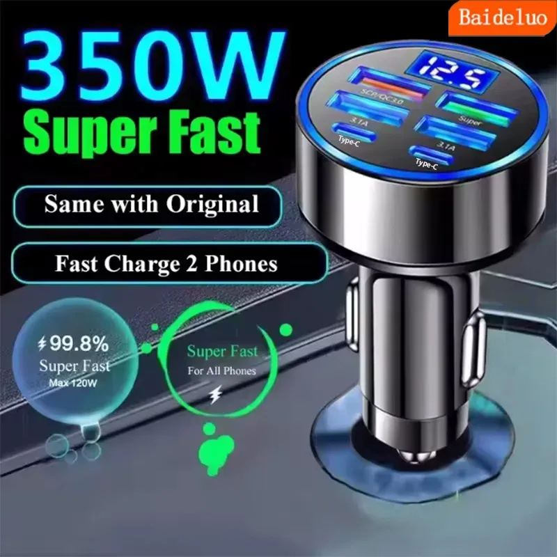 Chargeur de voiture USB 350 W PD QC 3.0 USB-C, adaptateur Type-C pour iPhone, Samsung, Huawei et Xiaomi, charge rapide