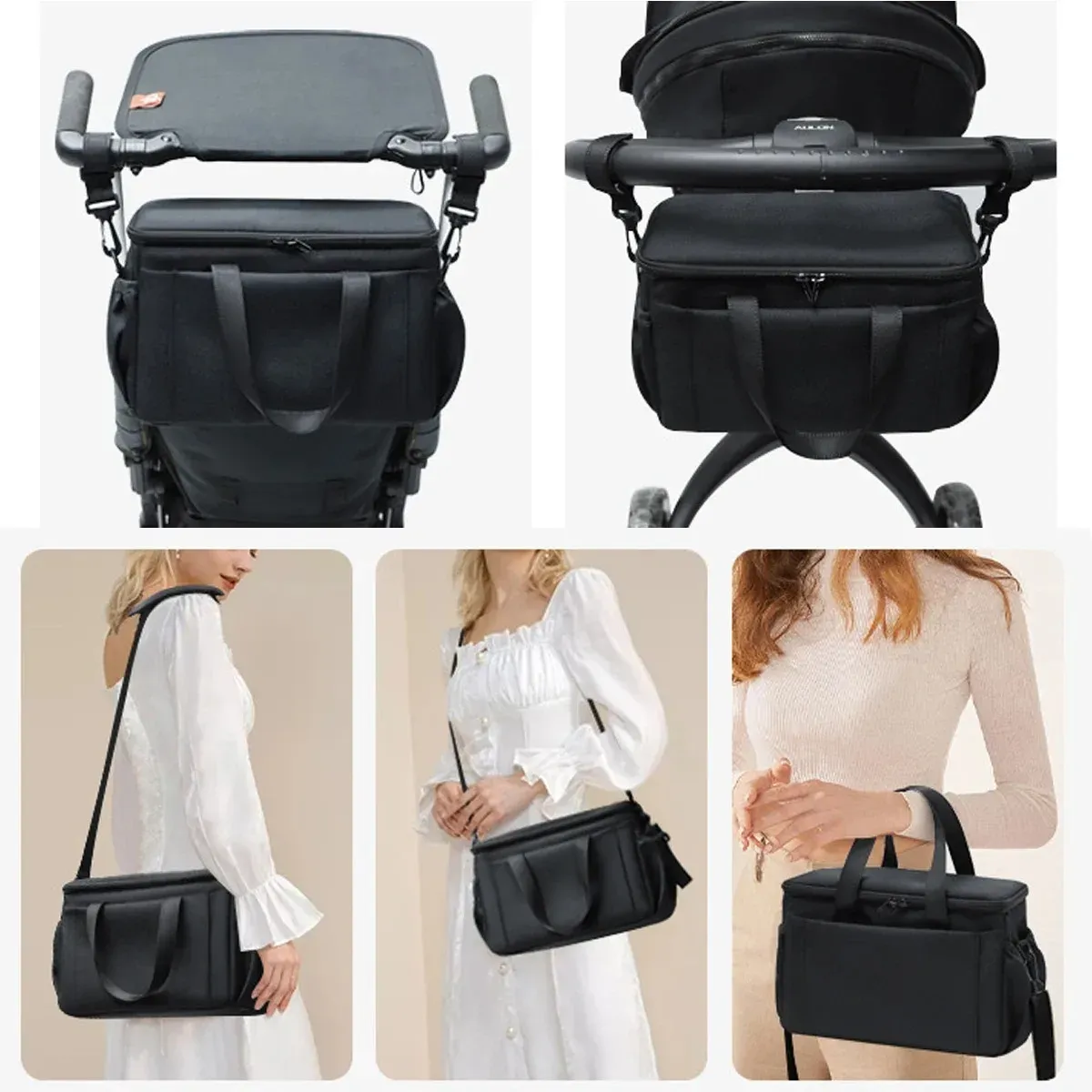 Sac de rangement de poussette installé sur une poussette