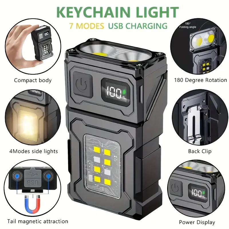 Mini lampe de poche LED rechargeable, torche latérale portable COB avec clip, lumière magnétique arrière, lanterne de camping en plein air ultra-lumineuse