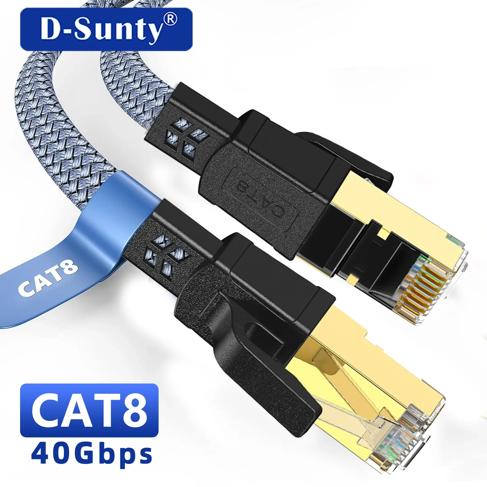 Câble Ethernet Cat 8 40 Gbps plat tressé en nylon RJ45 pour routeur, modem, ordinateur portable, PC et PS5 – 1 m, 2 m, 8 m, 30 m