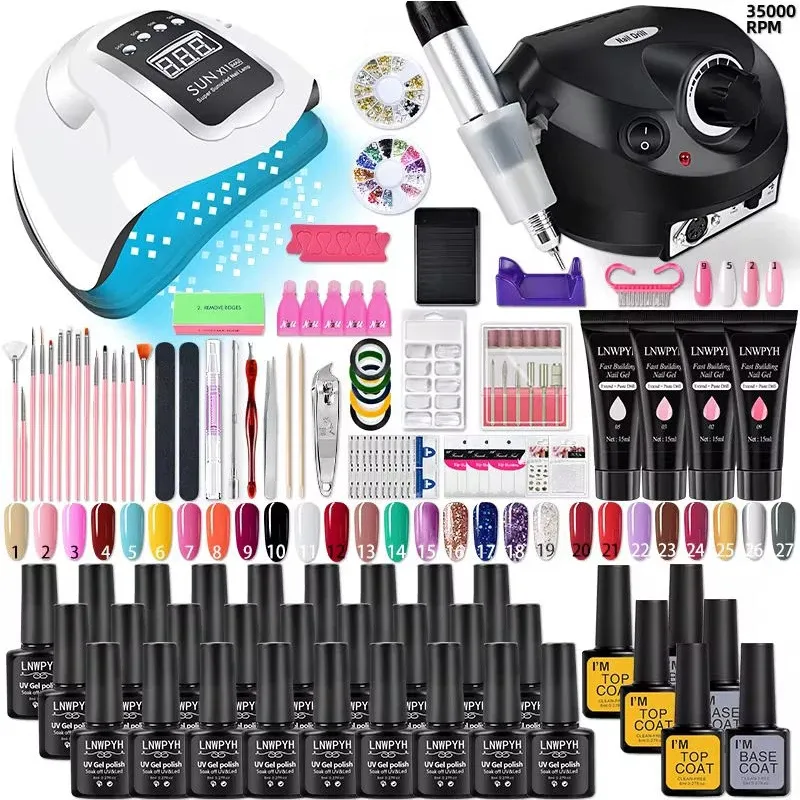 Kit d'extension d'ongles en gel Poly avec lampe UV, gel à paillettes et outils de manucure 7