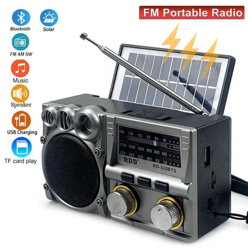 Radio portable FM/AM/SW à énergie solaire avec haut-parleur Bluetooth, lecteur de cartes TF, port USB, lecteur MP3 et batterie rechargeable - Image 1