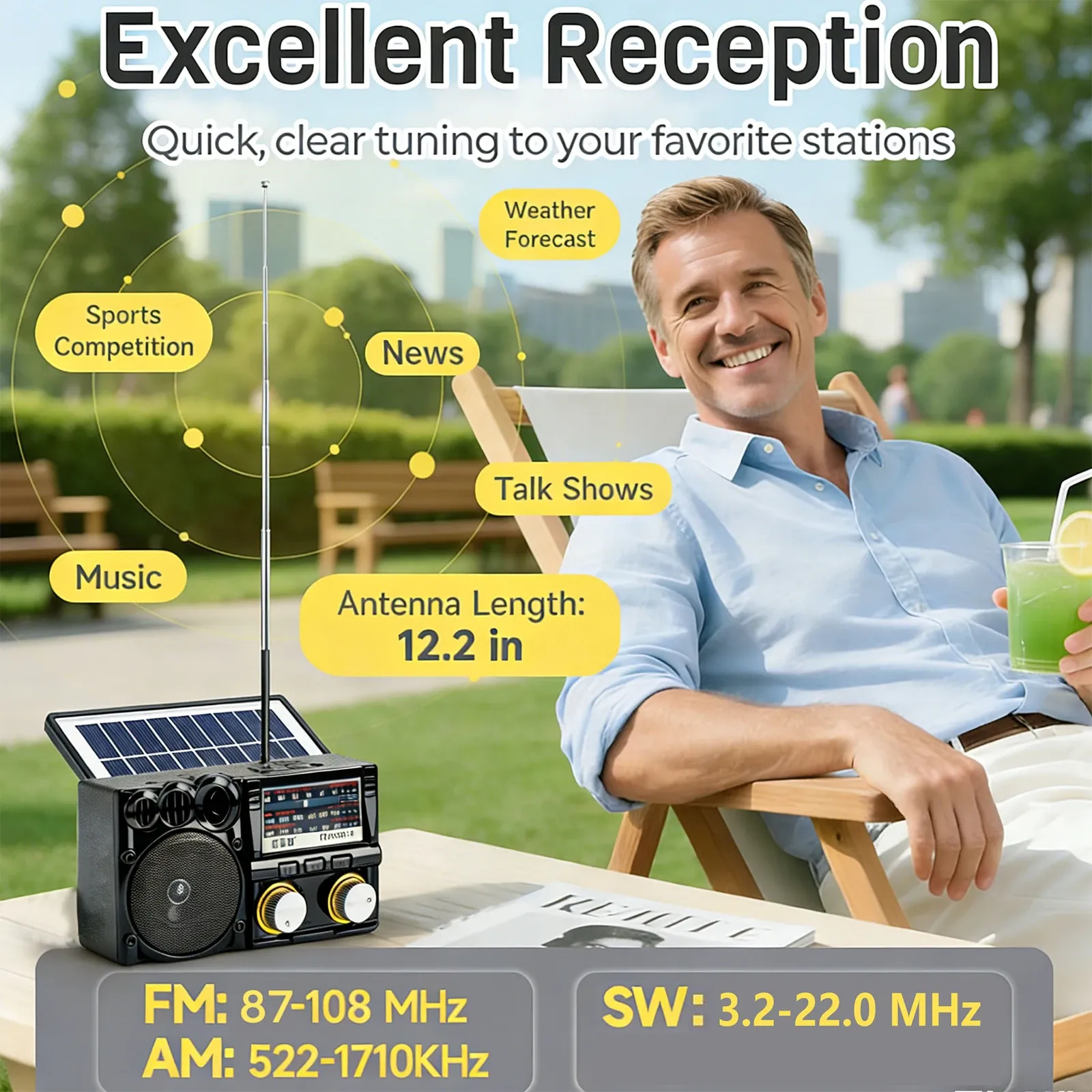Radio portable FM/AM/SW à énergie solaire avec haut-parleur Bluetooth, lecteur de cartes TF, port USB, lecteur MP3 et batterie rechargeable 4