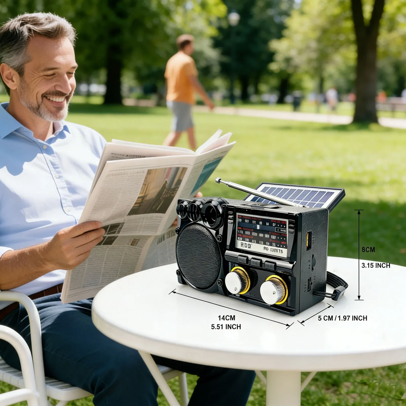 Radio solaire portable AM/FM/SW, vue détaillée