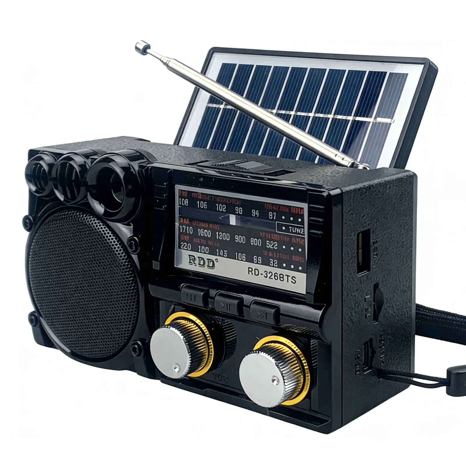 Radio portable FM/AM/SW à énergie solaire avec haut-parleur Bluetooth, lecteur de cartes TF, port USB, lecteur MP3 et batterie rechargeable 7