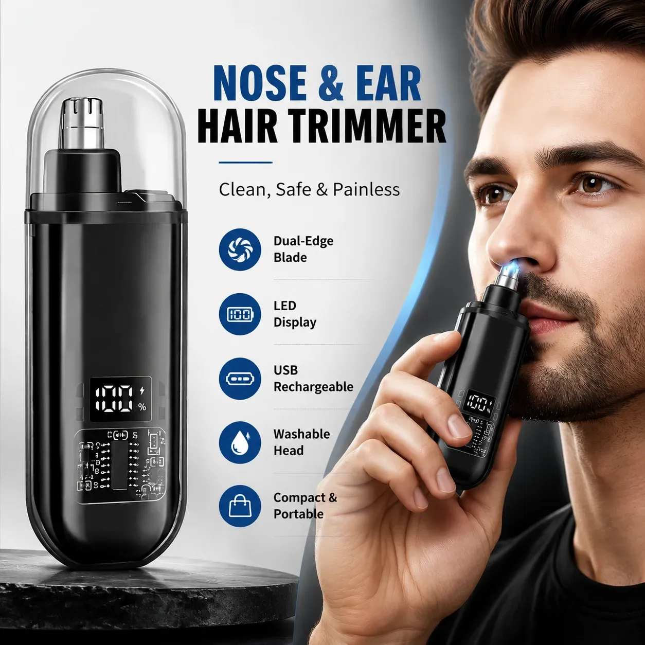 Tondeuse à poils de nez pour hommes, rechargeable par USB, tondeuse électrique pour poils de nez et d'oreilles, affichage LED, outil de toilettage portable - Image 1