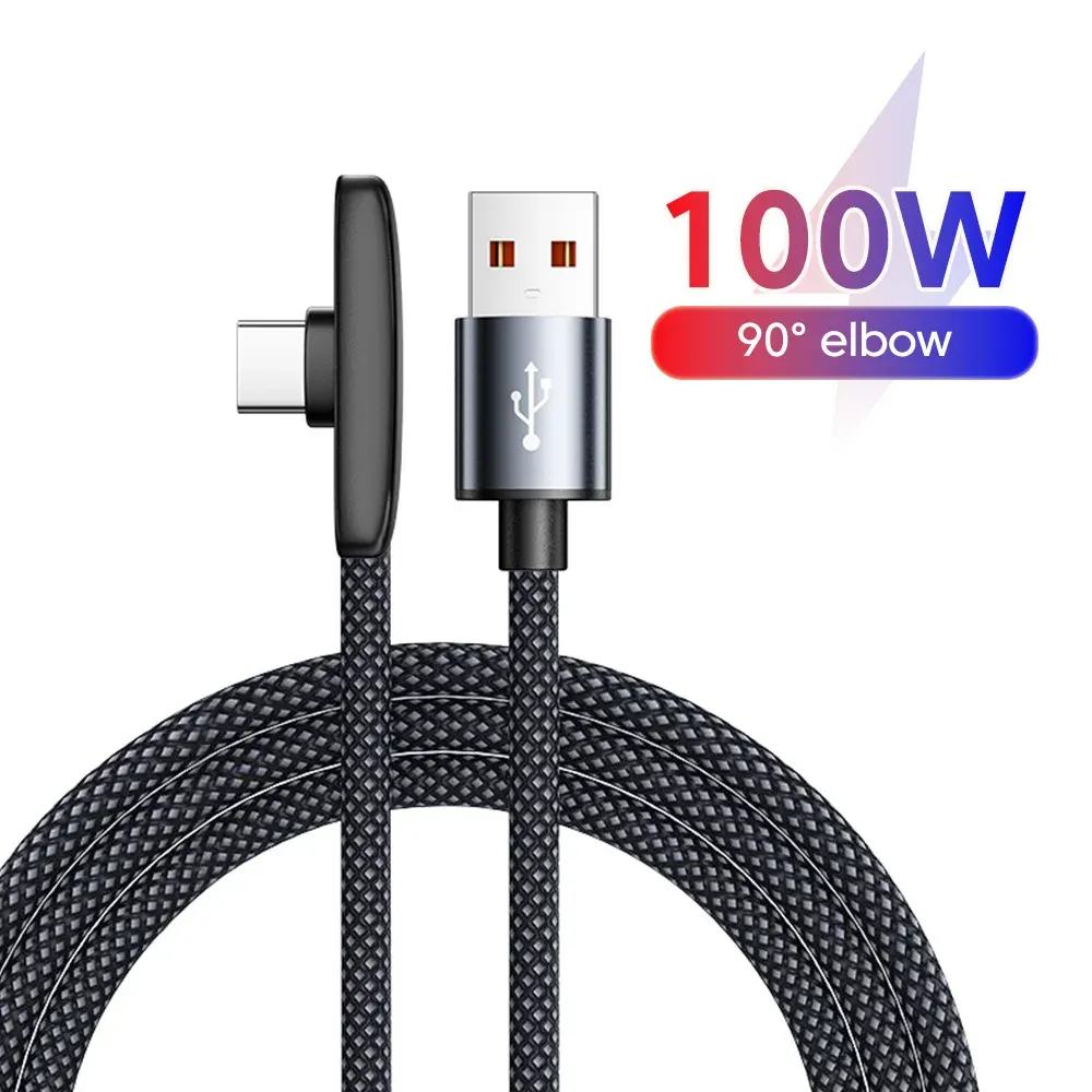 Câble de charge rapide USB-C 100 W 6 A, câble de charge ultra-rapide, câble de données tressé coudé Type-C 1 m / 1,5 m / 2 m pour appareils Samsung, Huawei, Honor et Android