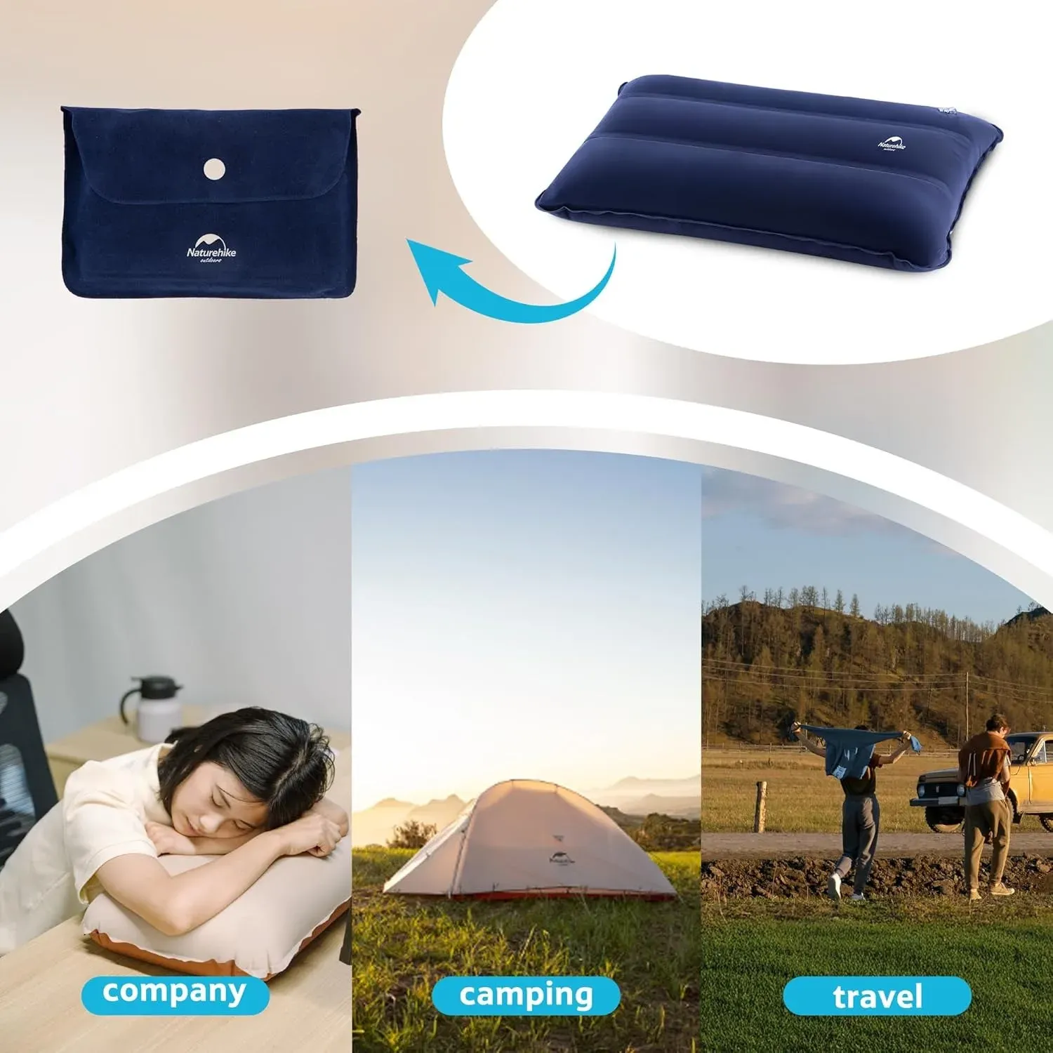 Oreiller de camping gonflable ultraléger Naturehike, pour le soutien du cou, confortable et portable, idéal pour le voyage et le bureau 3