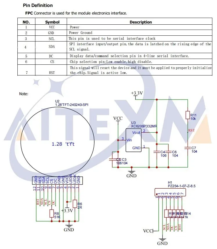 Écran TFT rond 1.28 pouces GC9A01 détail du module