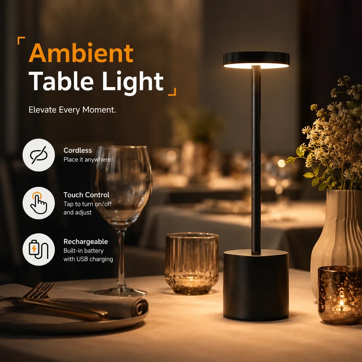 Lampe de table LED tactile sans fil rechargeable, 3 couleurs réglables, lampe de chevet portable 3
