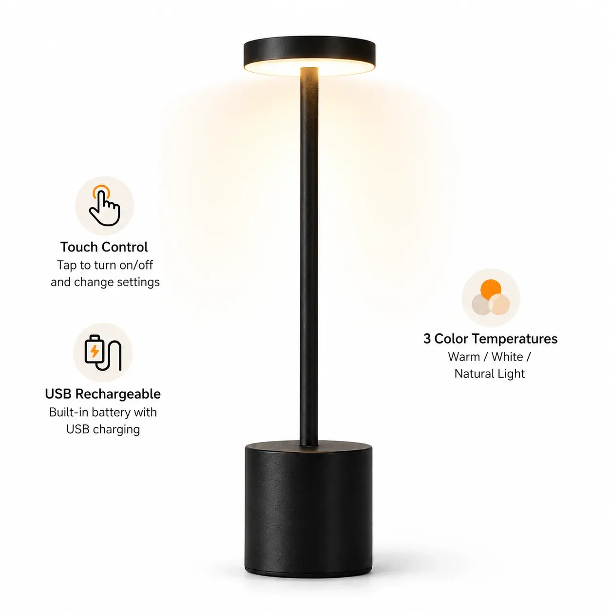 Lampe de table LED tactile sans fil rechargeable, 3 couleurs réglables, lampe de chevet portable 2