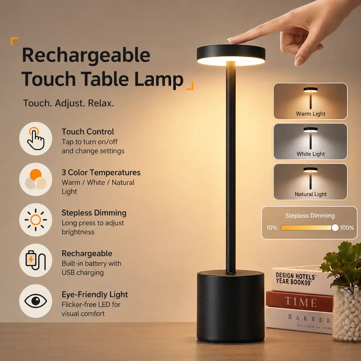 Lampe de table LED tactile sans fil rechargeable, 3 couleurs réglables, lampe de chevet portable