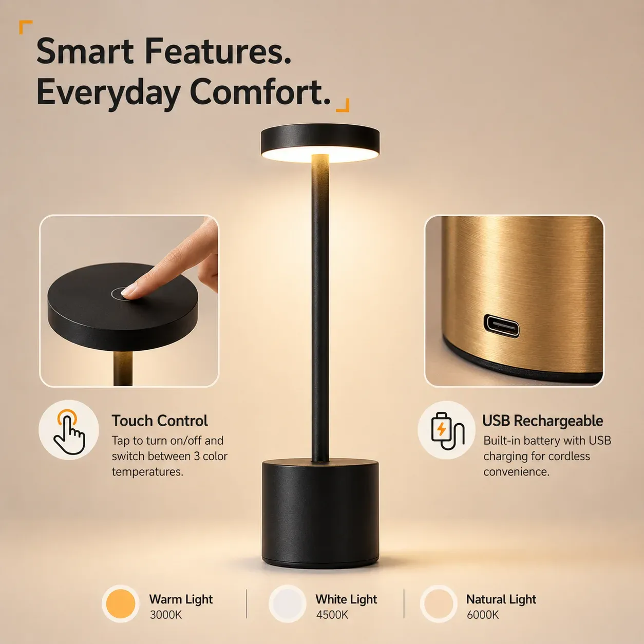 Lampe de table LED tactile sans fil rechargeable, 3 couleurs réglables, lampe de chevet portable 4
