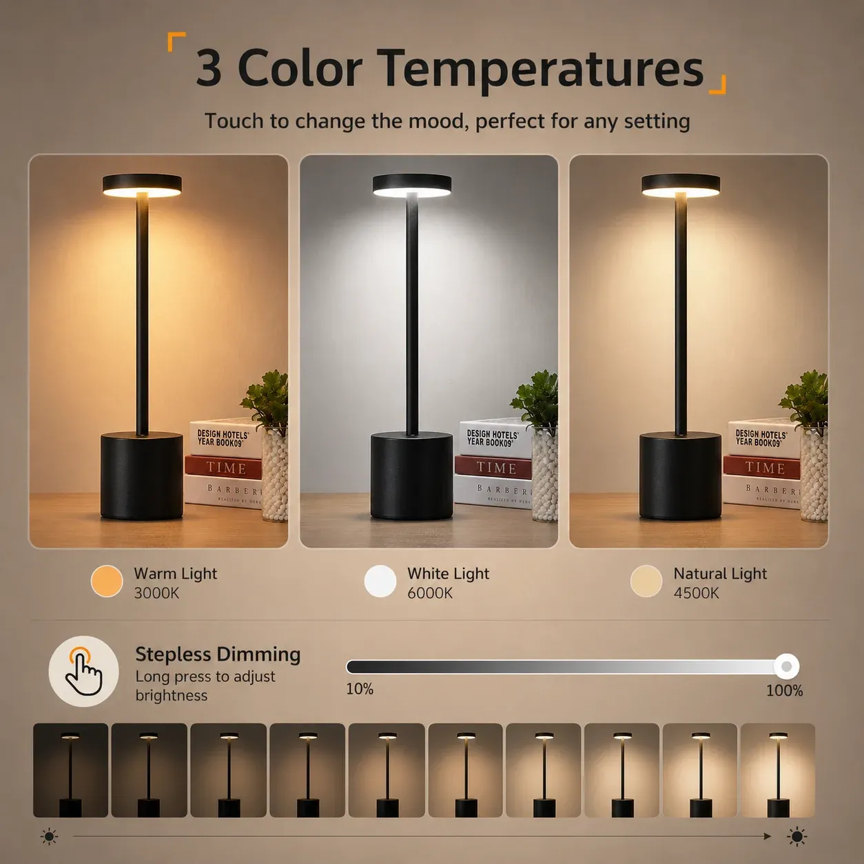 Lampe de table LED tactile sans fil rechargeable, 3 couleurs réglables, lampe de chevet portable 5