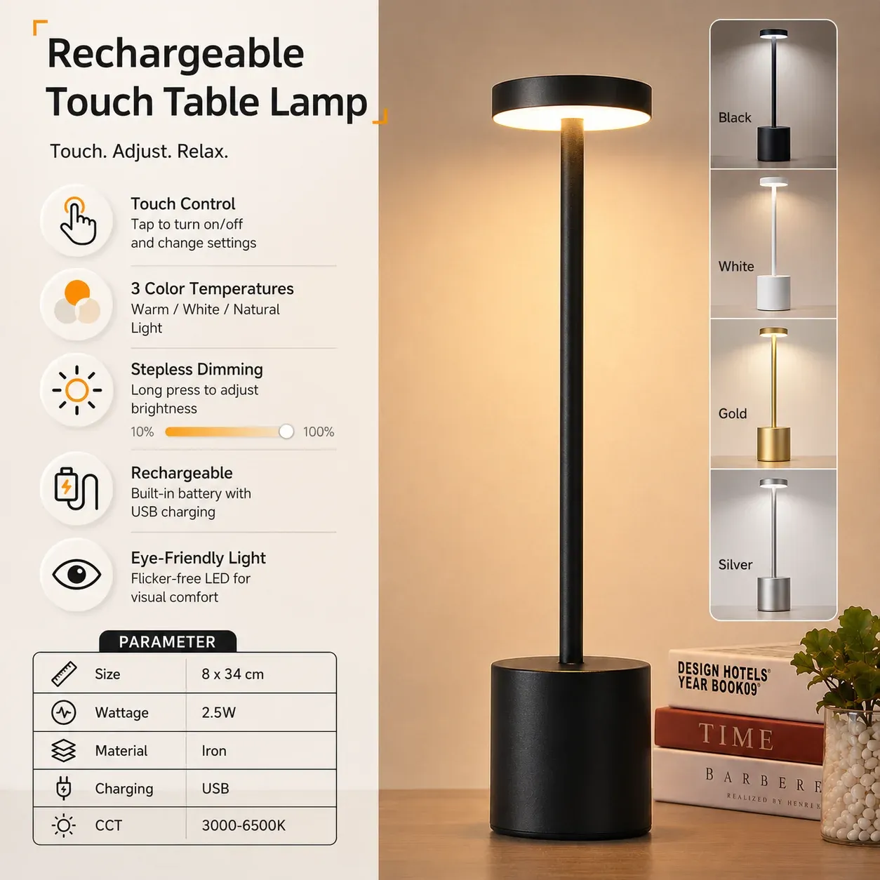 Lampe de table LED tactile sans fil rechargeable, 3 couleurs réglables, lampe de chevet portable 6