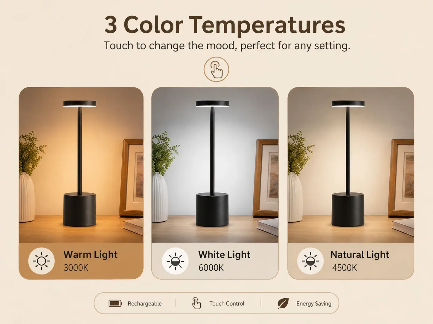 Lampe de table LED tactile à trois couleurs