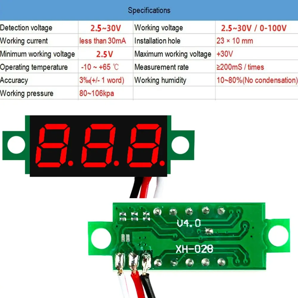 Mini voltmètre numérique 0,28 pouce, lot de 4, voltmètre à 3 fils 0-100 V, testeur de tension, afficheur LED 2