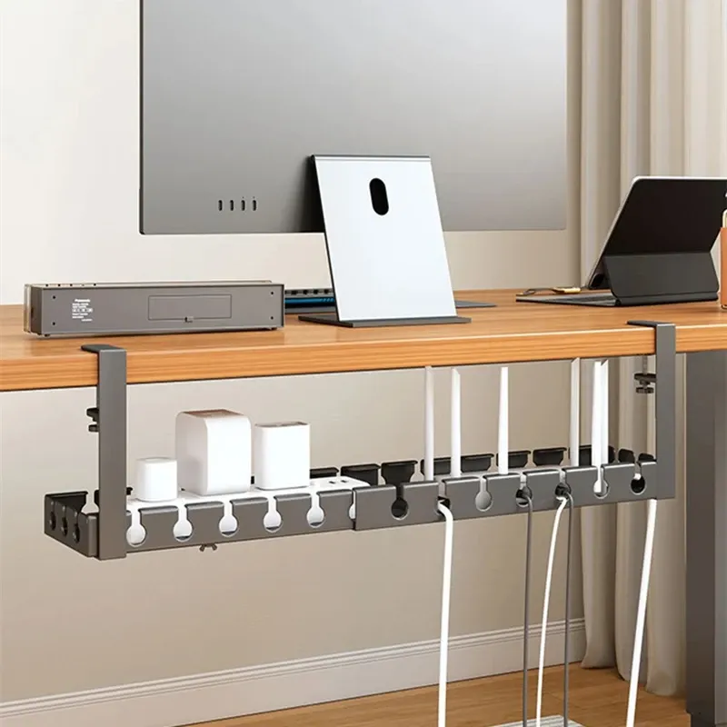 Support de rangement sous table en métal pour câbles et multiprise rétractable, sans perçage