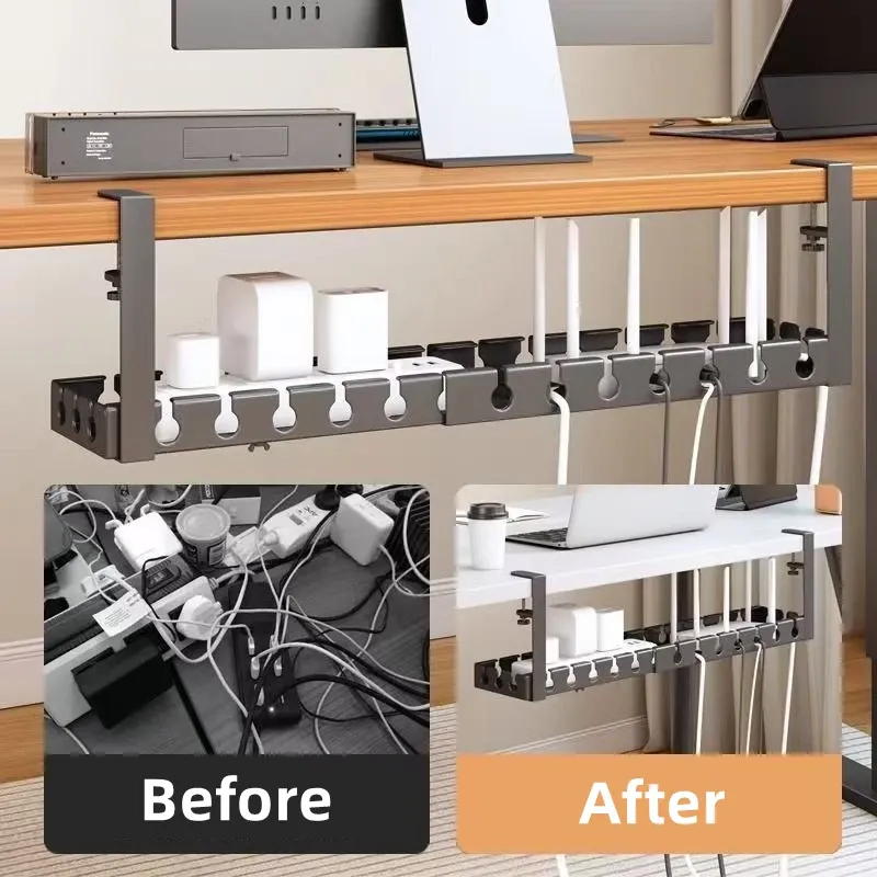 Support de rangement sous table en métal pour câbles et multiprise rétractable, sans perçage 3