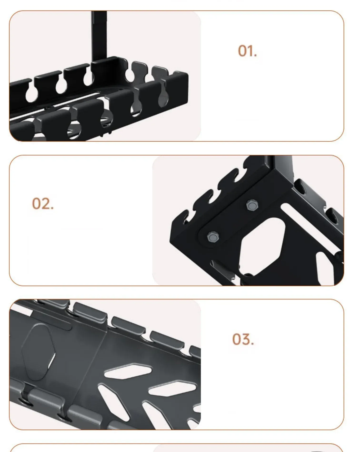 Support de rangement sous table en métal pour câbles et multiprise rétractable, sans perçage 5