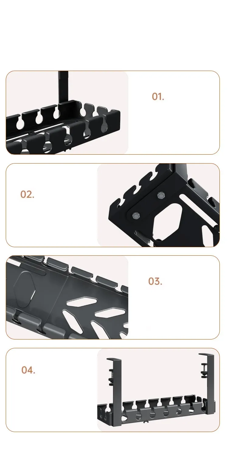 Détail du plateau de rangement pour câbles et multiprises
