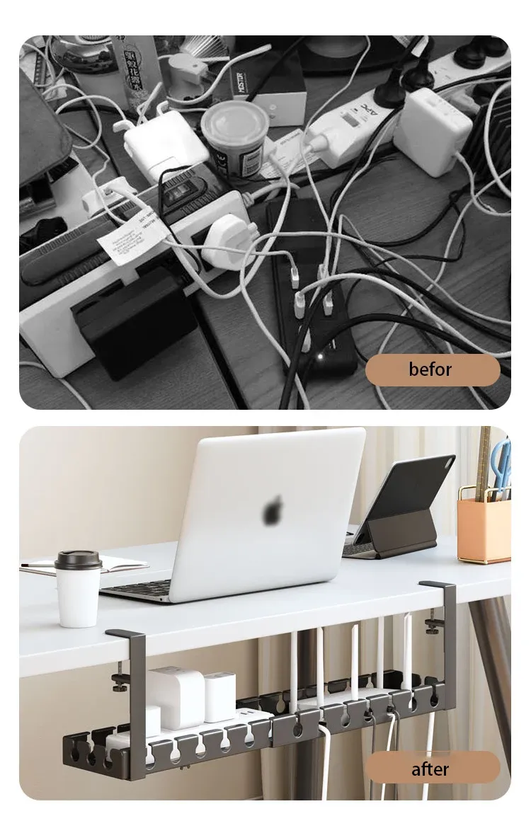 Gestion des câbles sous un bureau avec le plateau de rangement