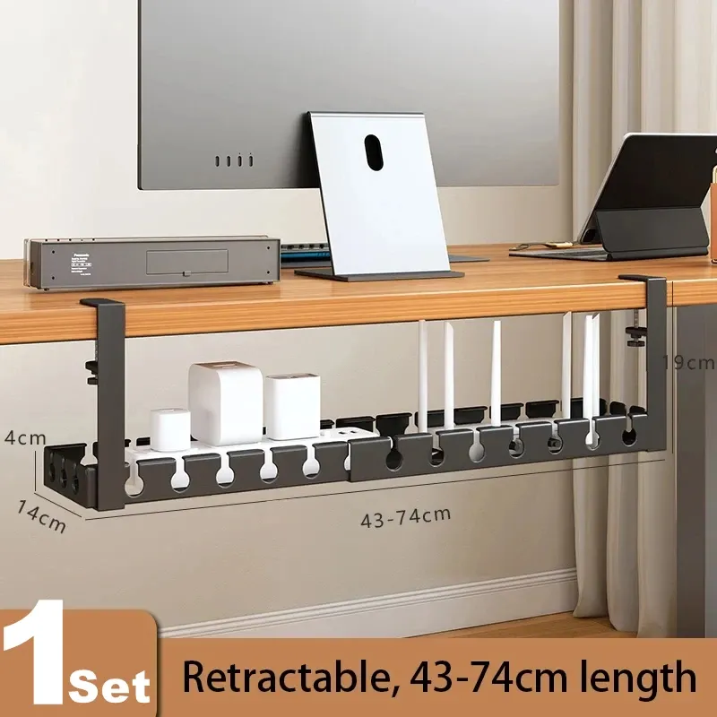 Support de rangement sous table en métal pour câbles et multiprise rétractable, sans perçage 8