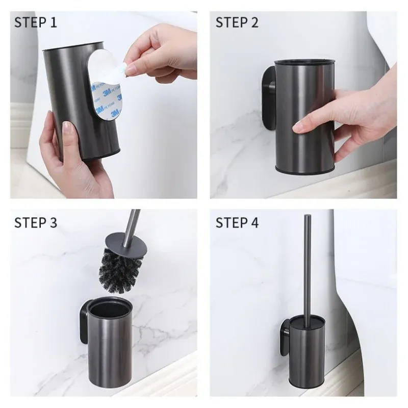 Porte-balai WC mural en acier inoxydable, sans perçage, support durable pour brosse de toilette 4