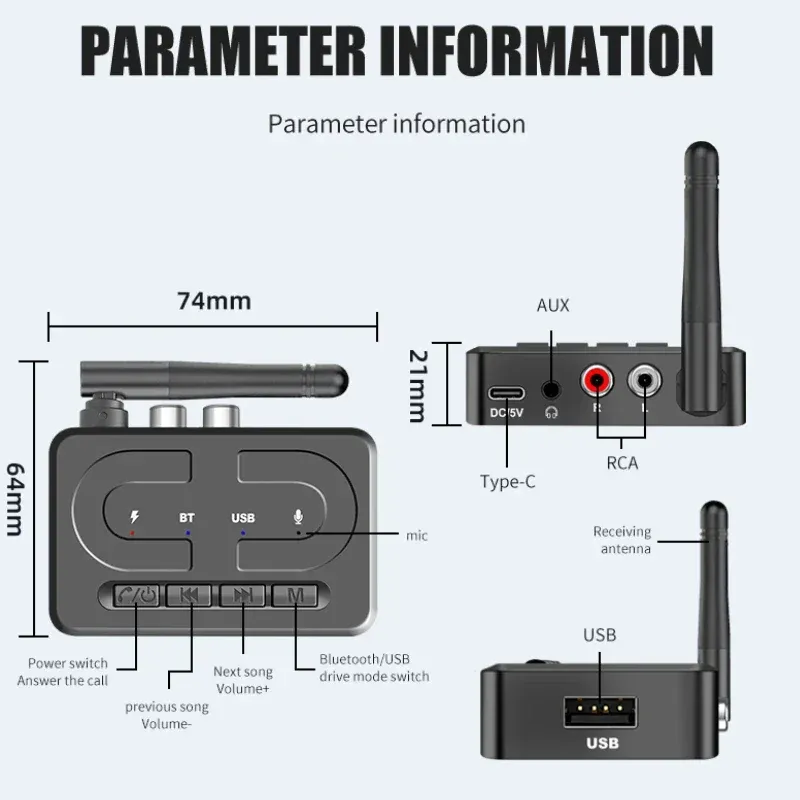 Récepteur audio Bluetooth 6.0 avec adaptateur USB, microphone HD, antenne, sorties AUX 3,5 mm et RCA, pour haut-parleurs et amplificateur de voiture, son stéréo Hi-Fi 6