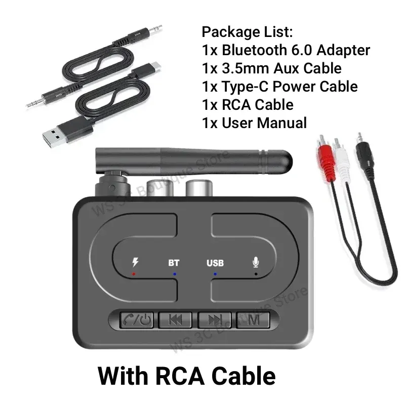 Récepteur audio Bluetooth 6.0 avec adaptateur USB, microphone HD, antenne, sorties AUX 3,5 mm et RCA, pour haut-parleurs et amplificateur de voiture, son stéréo Hi-Fi 7
