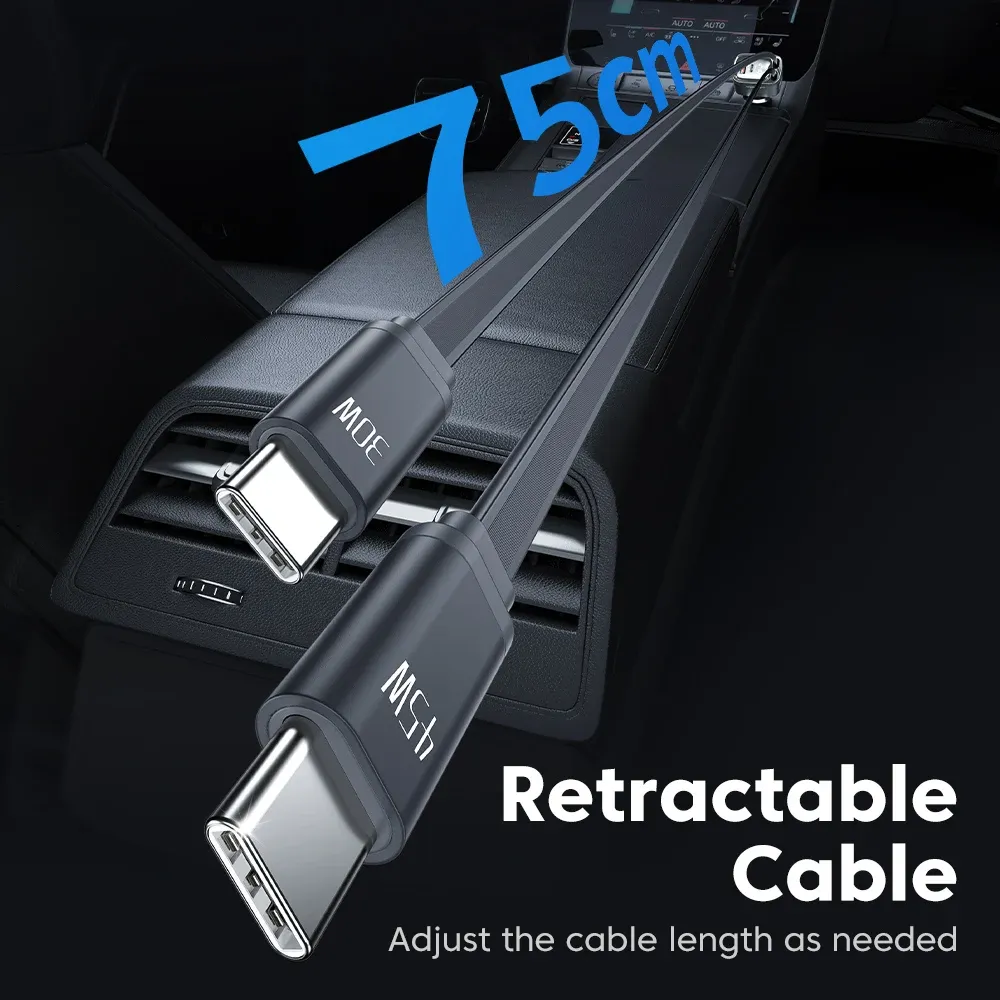 Chargeur de voiture Toocki 105 W avec câble USB-C rétractable 0,75 m, PD 45 W, QC 3.0, SCP, SFC 2.0, PPS, charge rapide pour iPhone 17 et 18, Samsung et tablettes 3
