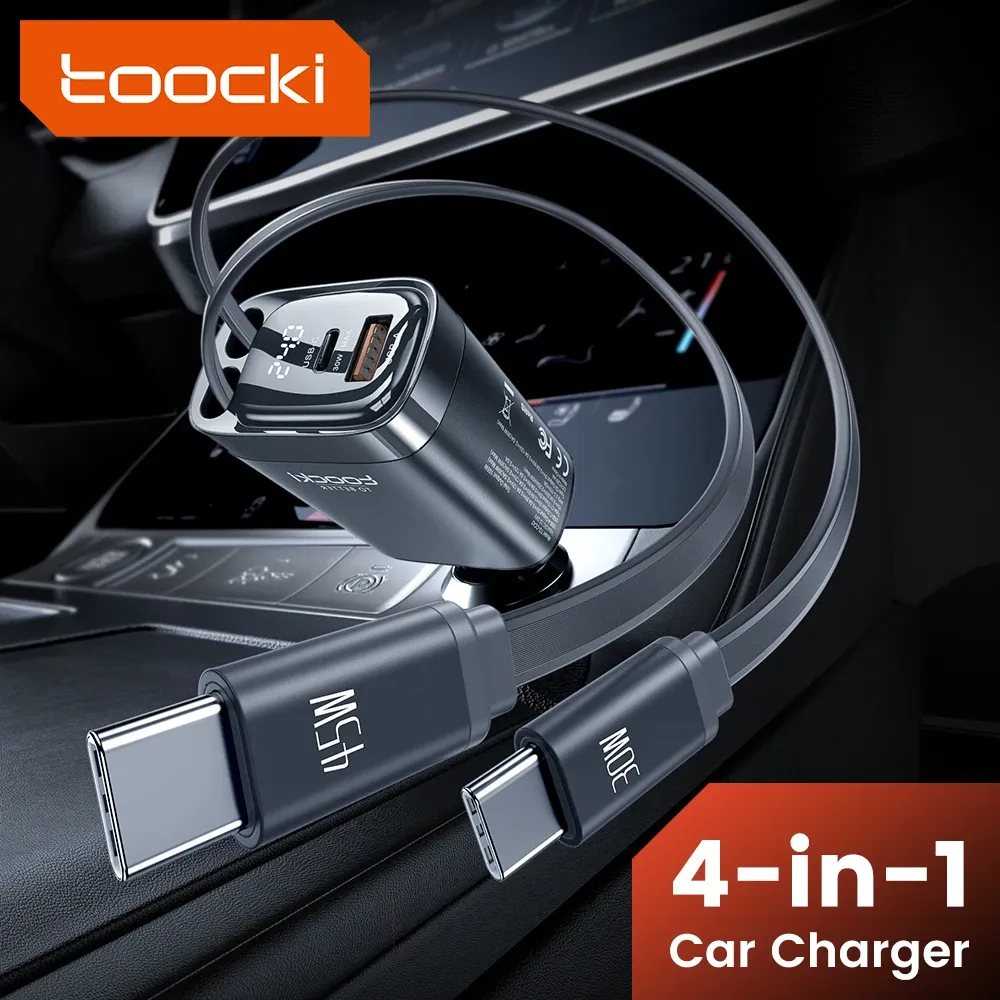 Chargeur de voiture Toocki 105 W avec câble USB-C rétractable 0,75 m, PD 45 W, QC 3.0, SCP, SFC 2.0, PPS, charge rapide pour iPhone 17 et 18, Samsung et tablettes