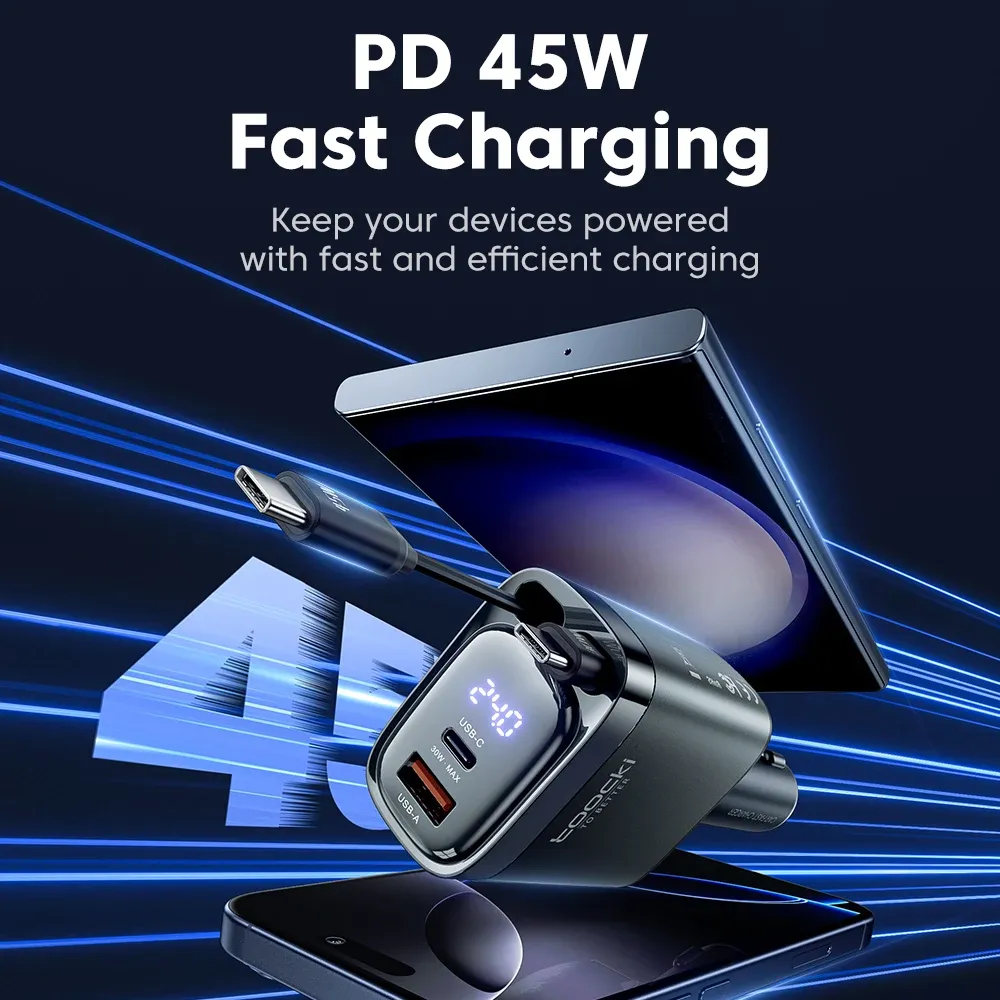 Chargeur de voiture Toocki 105 W avec câble USB-C rétractable 0,75 m, PD 45 W, QC 3.0, SCP, SFC 2.0, PPS, charge rapide pour iPhone 17 et 18, Samsung et tablettes 2