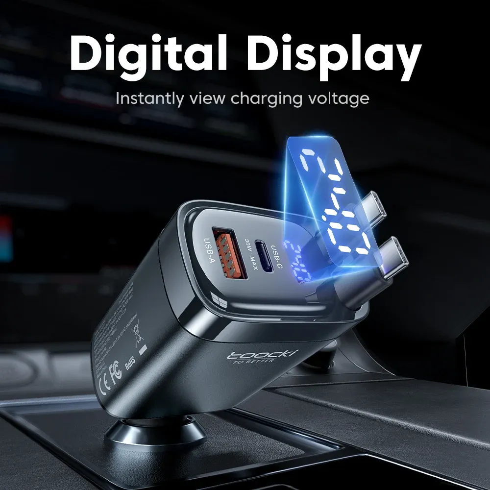 Chargeur de voiture Toocki 105 W avec câble USB-C rétractable 0,75 m, PD 45 W, QC 3.0, SCP, SFC 2.0, PPS, charge rapide pour iPhone 17 et 18, Samsung et tablettes 4