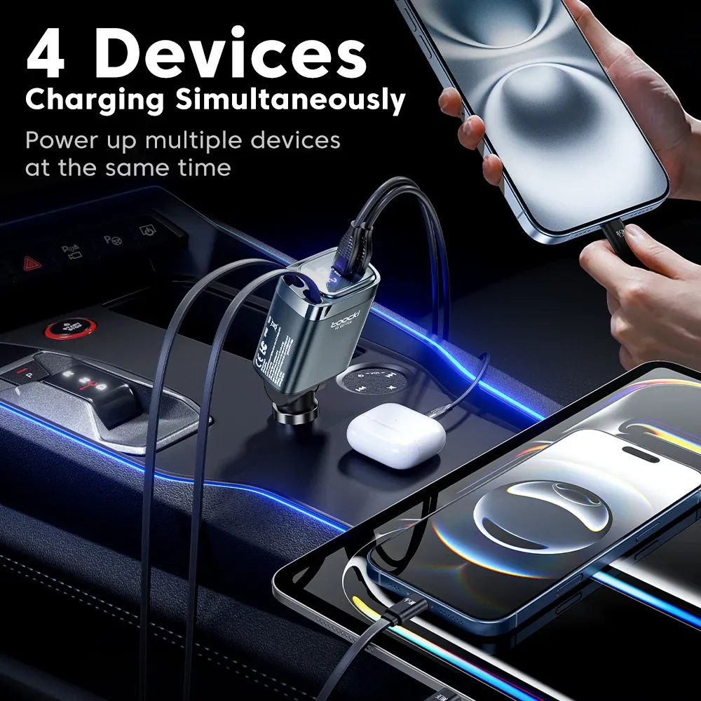 Chargeur de voiture Toocki 105 W avec câble USB-C rétractable 0,75 m, PD 45 W, QC 3.0, SCP, SFC 2.0, PPS, charge rapide pour iPhone 17 et 18, Samsung et tablettes 5