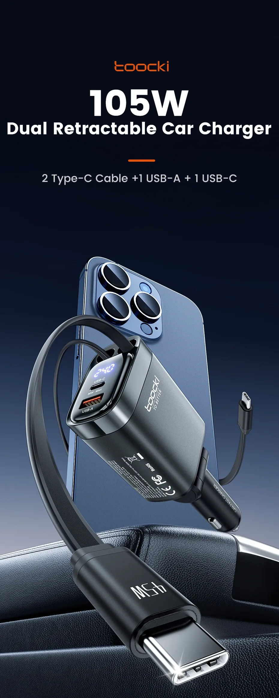 Chargeur de voiture Toocki 105 W vue d'ensemble
