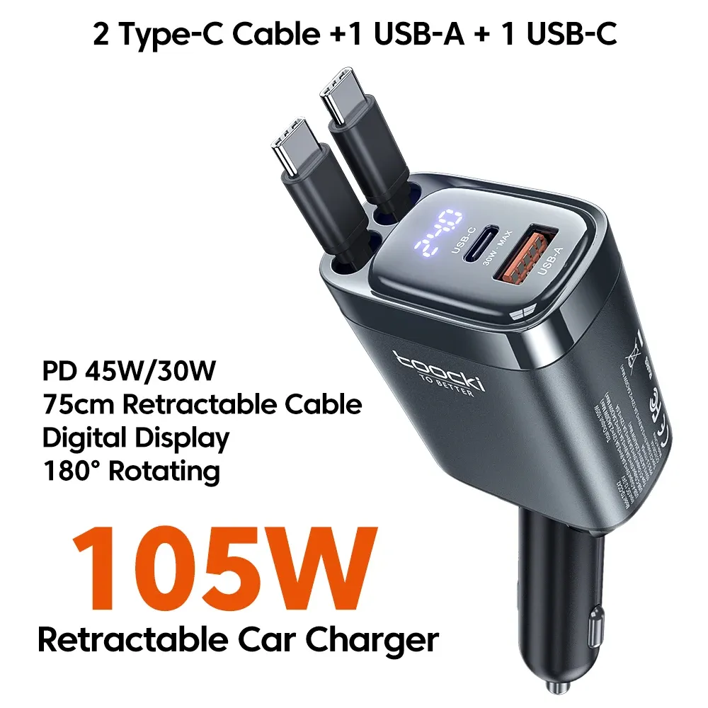 Chargeur de voiture Toocki 105 W avec câble USB-C rétractable 0,75 m, PD 45 W, QC 3.0, SCP, SFC 2.0, PPS, charge rapide pour iPhone 17 et 18, Samsung et tablettes 7