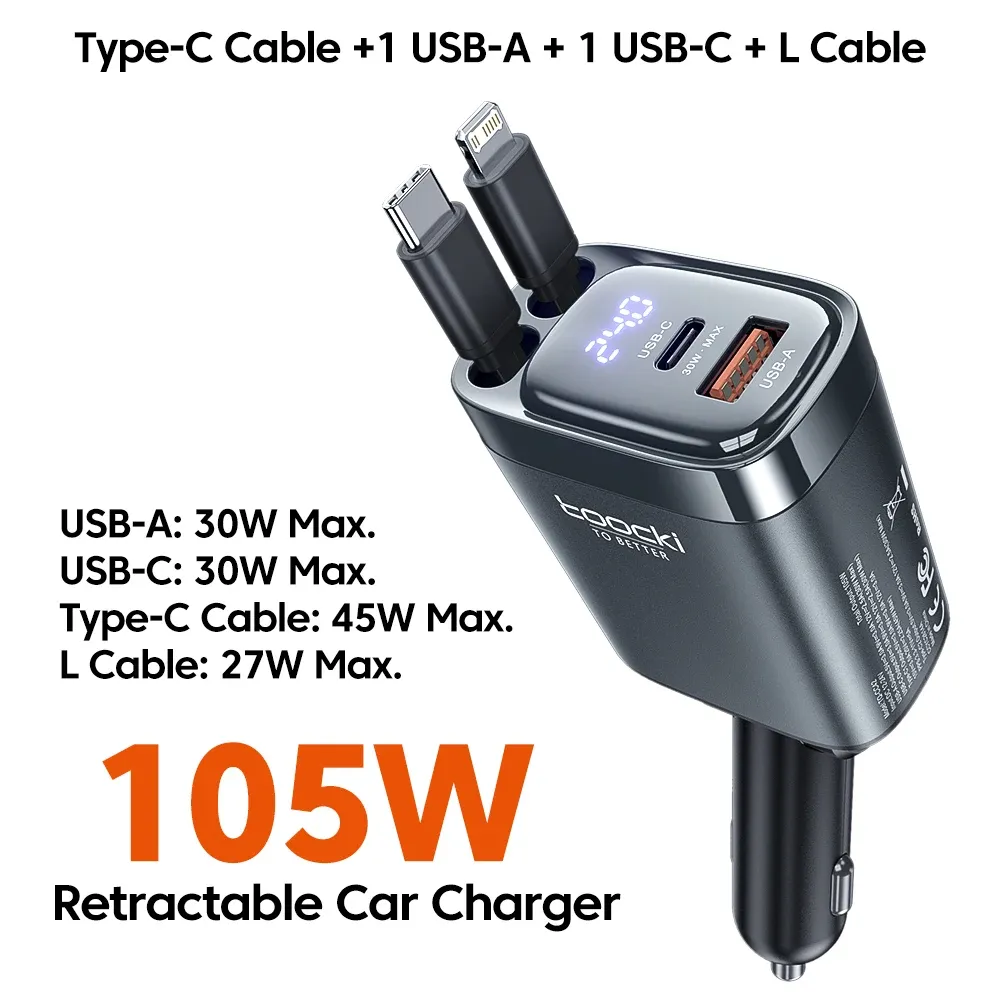 Chargeur de voiture Toocki 105 W avec câble USB-C rétractable 0,75 m, PD 45 W, QC 3.0, SCP, SFC 2.0, PPS, charge rapide pour iPhone 17 et 18, Samsung et tablettes 8