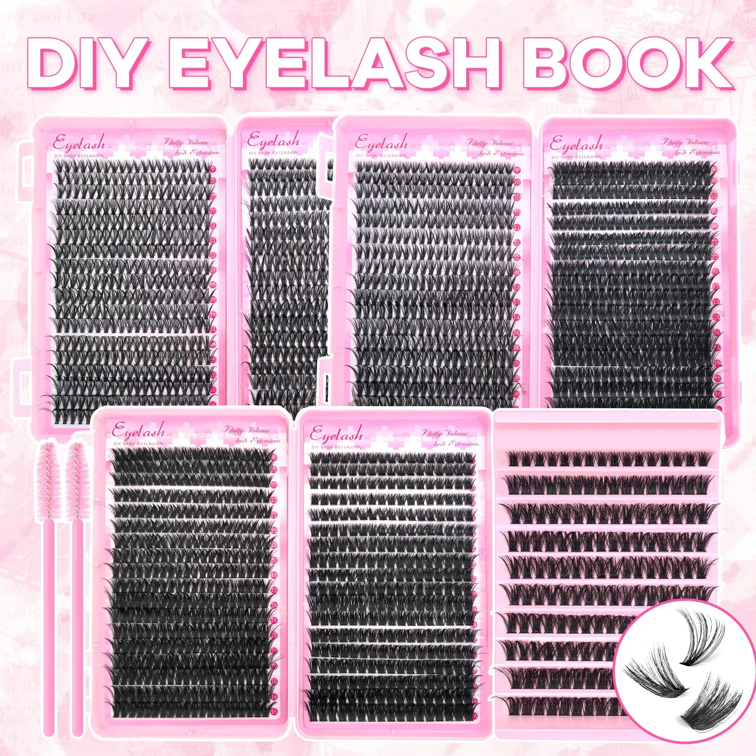 Kit d'extensions de cils en grappe 200/720, style volumineux, courbure D, longueurs mixtes 9-16 mm, tenue longue durée et rendu naturel, réutilisable