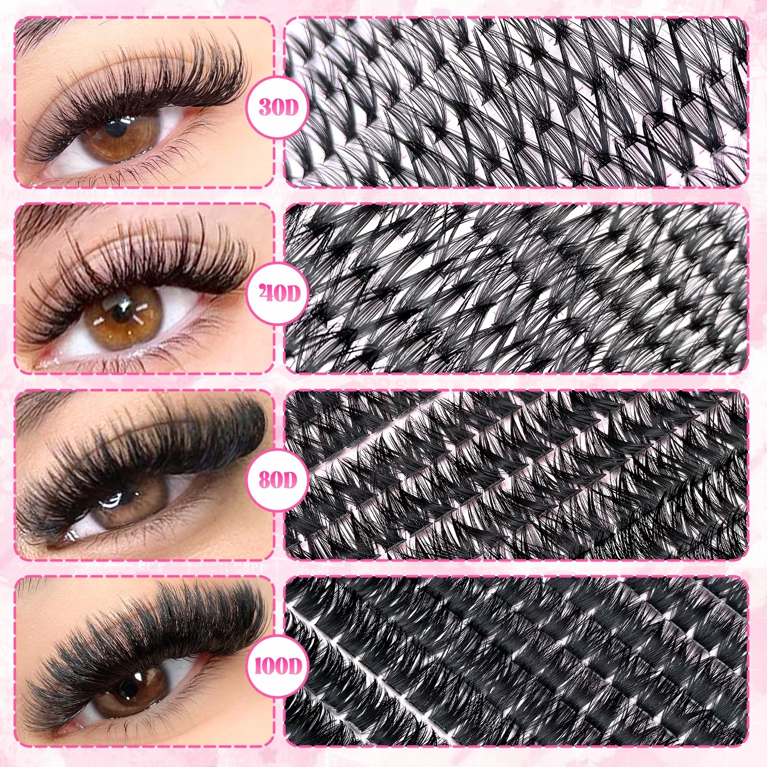 Kit d'extensions de cils en grappe 200/720, style volumineux, courbure D, longueurs mixtes 9-16 mm, tenue longue durée et rendu naturel, réutilisable 2