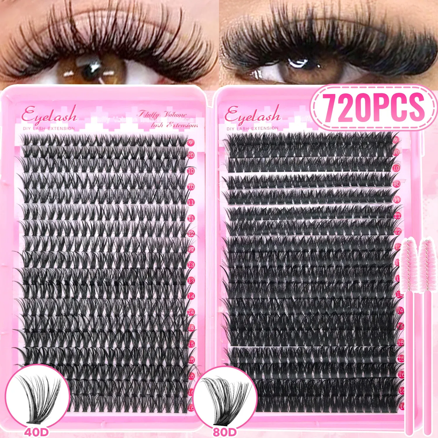 Kit d'extensions de cils en grappe 200/720, style volumineux, courbure D, longueurs mixtes 9-16 mm, tenue longue durée et rendu naturel, réutilisable 9