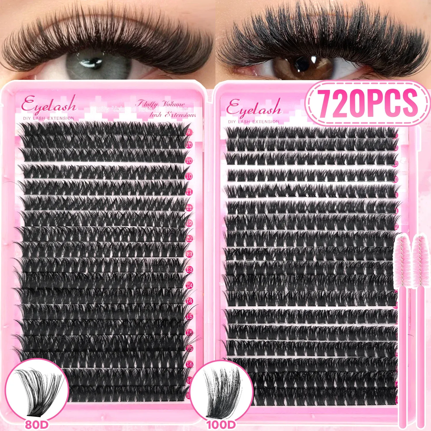 Kit d'extensions de cils en grappe 200/720, style volumineux, courbure D, longueurs mixtes 9-16 mm, tenue longue durée et rendu naturel, réutilisable 8