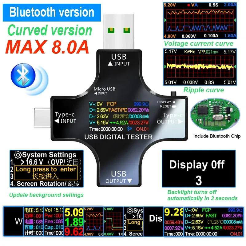 Testeur USB Type-C PD avec compteur de capacité numérique 8 A, moniteur de tension et de courant, compatible charge rapide QC3.0 2