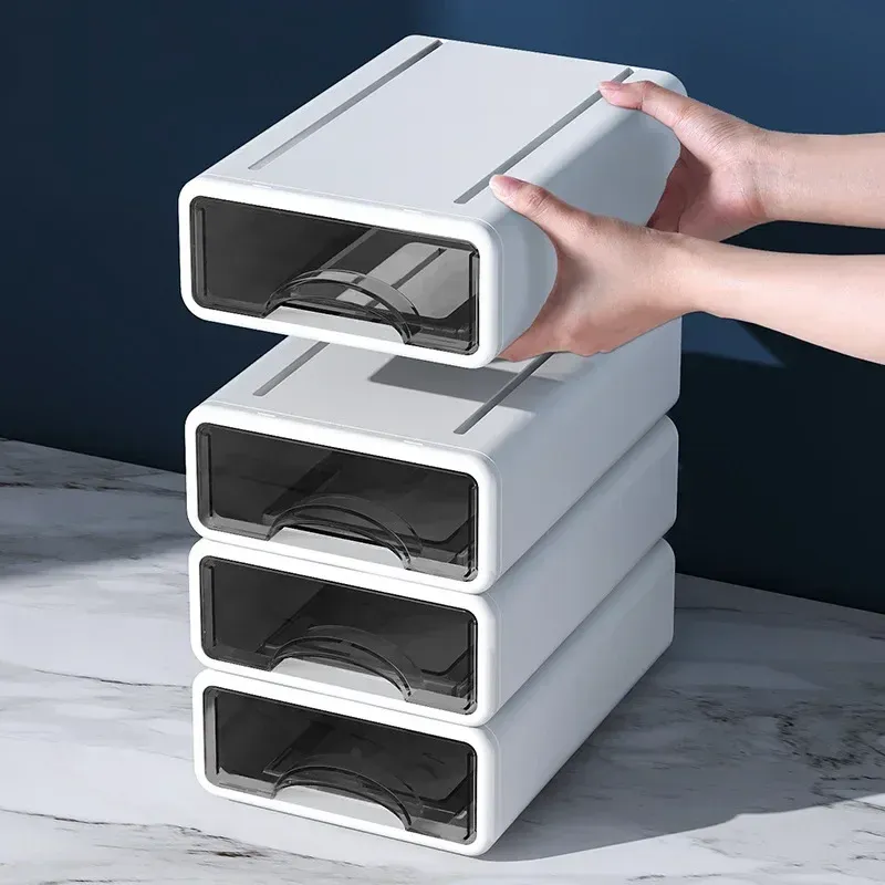 Organisateur de bureau empilable en plastique avec tiroirs, boîte de rangement pour maquillage et bijoux, grand format, anti-poussière - Image 1
