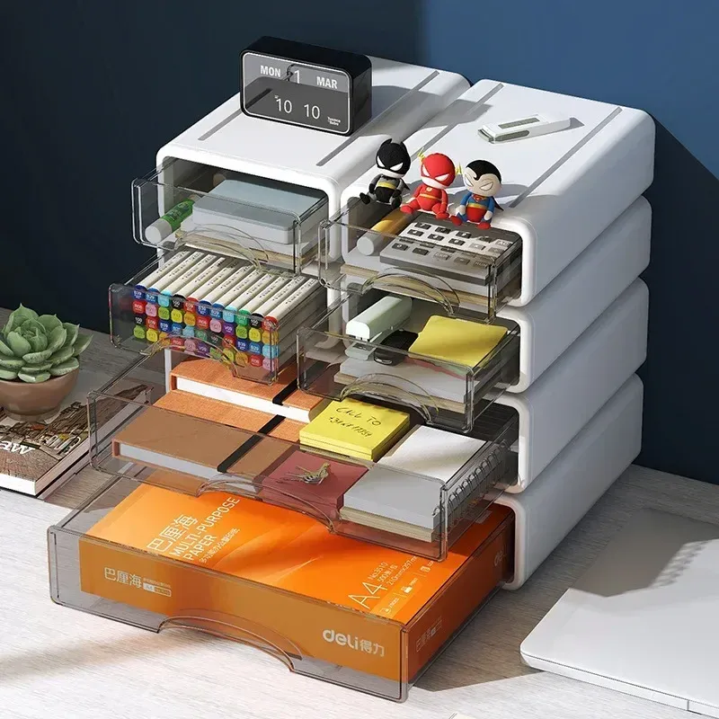 Organisateur de bureau empilable en plastique avec tiroirs, boîte de rangement pour maquillage et bijoux, grand format, anti-poussière 3