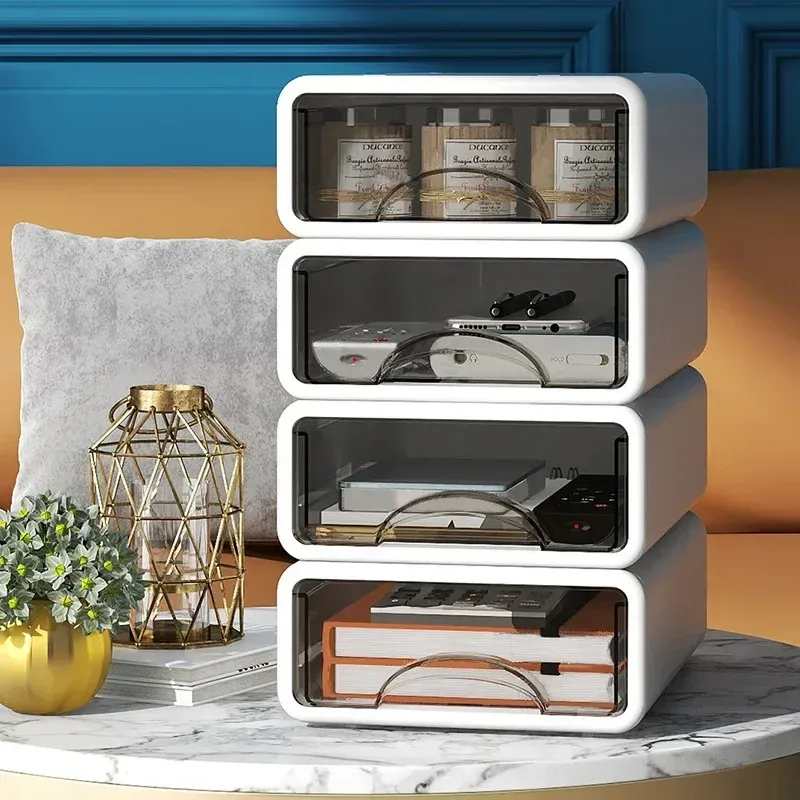 Organisateur de bureau empilable en plastique avec tiroirs, boîte de rangement pour maquillage et bijoux, grand format, anti-poussière 4