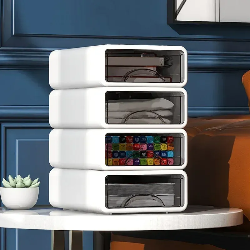 Organisateur de bureau empilable en plastique avec tiroirs, boîte de rangement pour maquillage et bijoux, grand format, anti-poussière 5