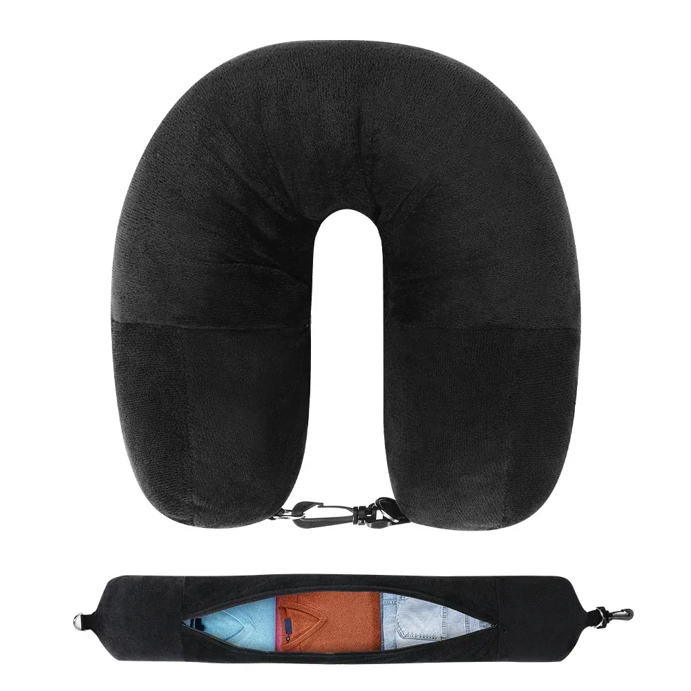 Housse d'oreiller de cou en forme de U en velours pour voyage en avion, avec sac de rangement 7